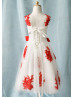 Beaded Red Lace Tulle Corset Back Knee Length Flower Girl Dress